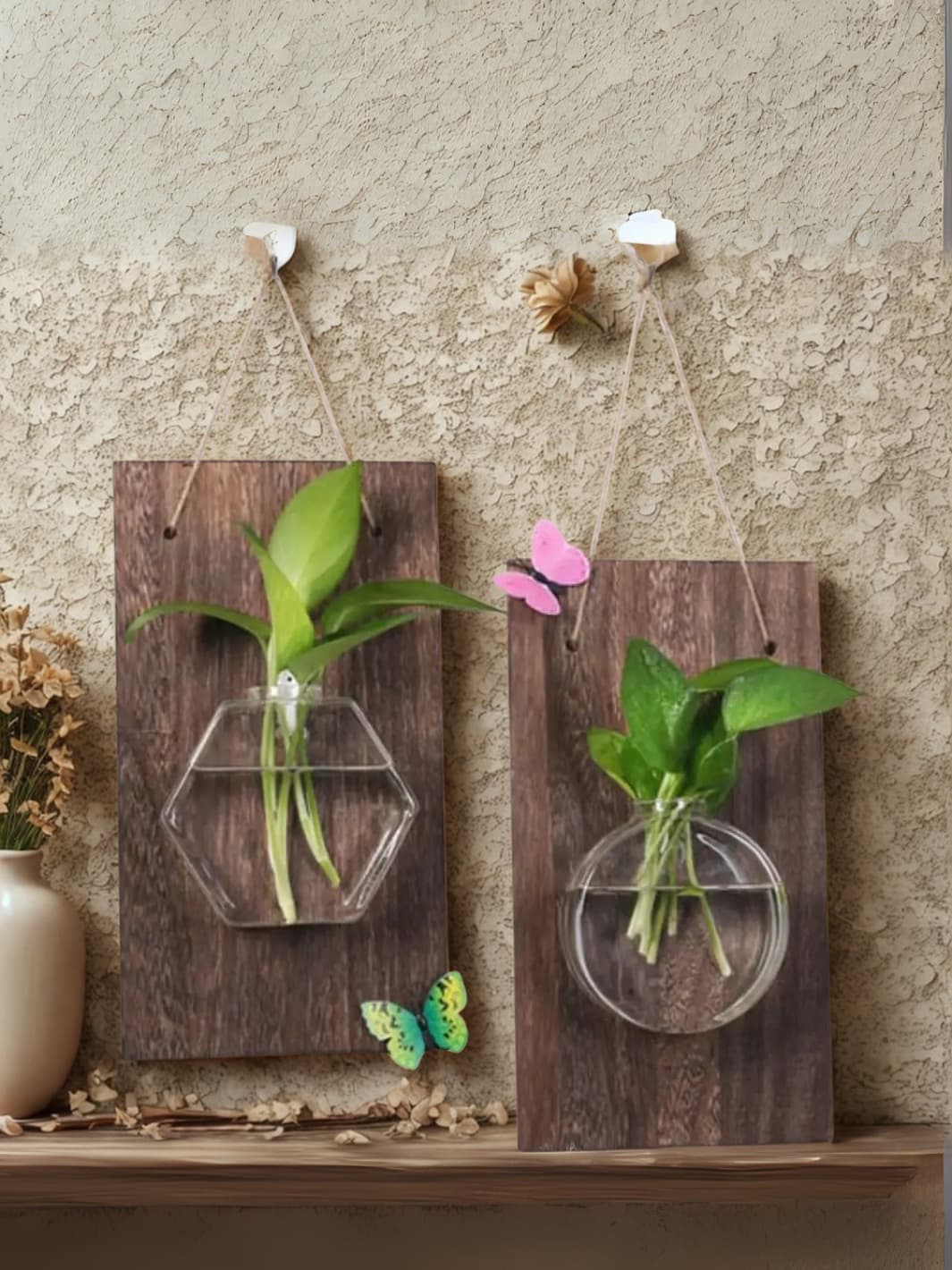 Vase | Suspension mural bois et verre