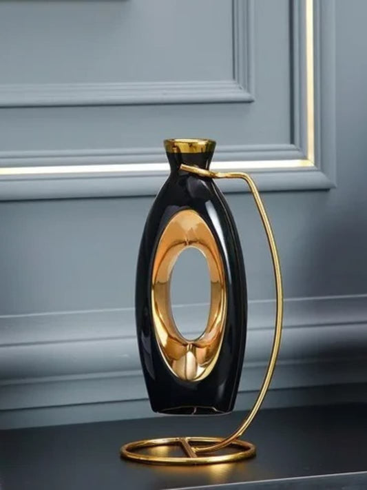 Vase | Élégance noire à insert doré avec support