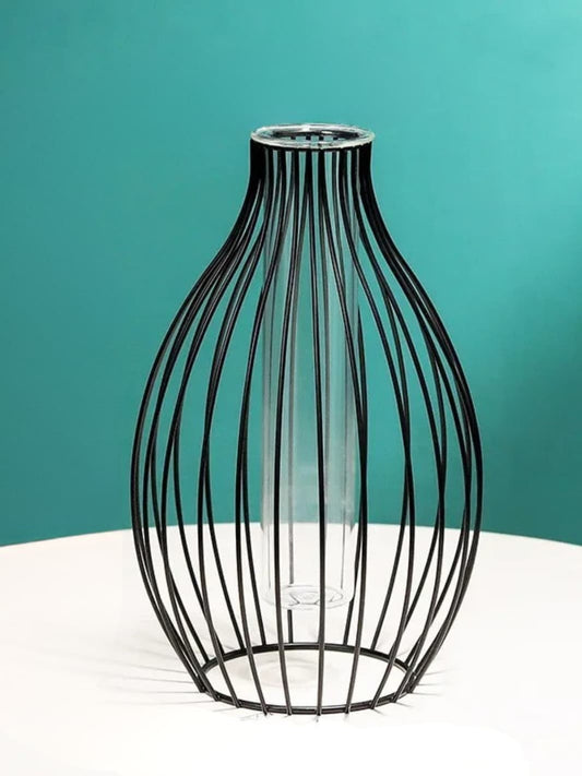 Vase | Cage noire moderne en métal et verre 24 cm