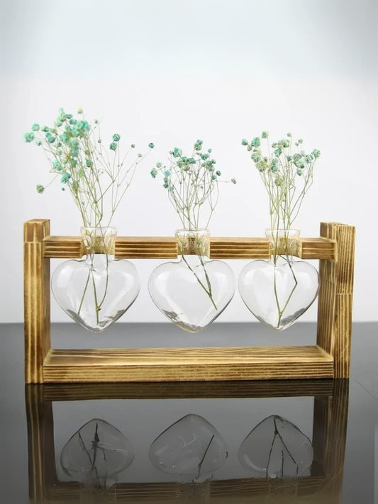 Vase | Trio suspendu en verre cœur et cadre en bois naturel