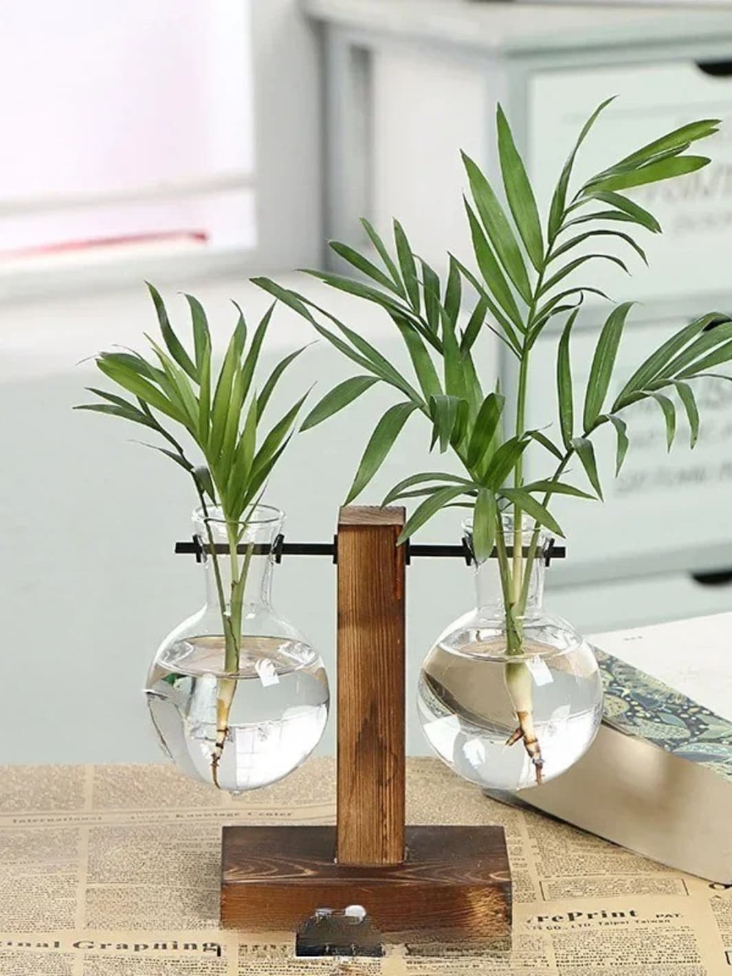 Vase | Suspension bois et verre à double boule