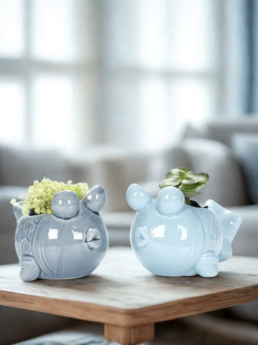 Vase | Mini pot poisson en céramique bleue