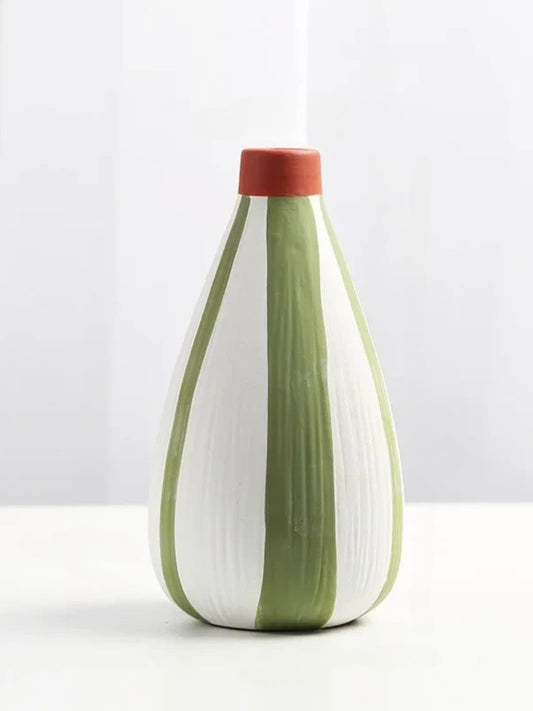Vase | Pot rayé en céramique vert et blanc pour fleurs