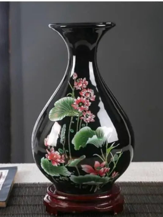 Vase | Courbes florales sur fond noir émaillé