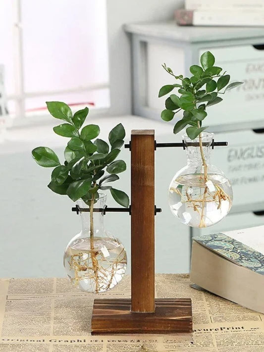 Vase | Suspension bois et verre à double boule