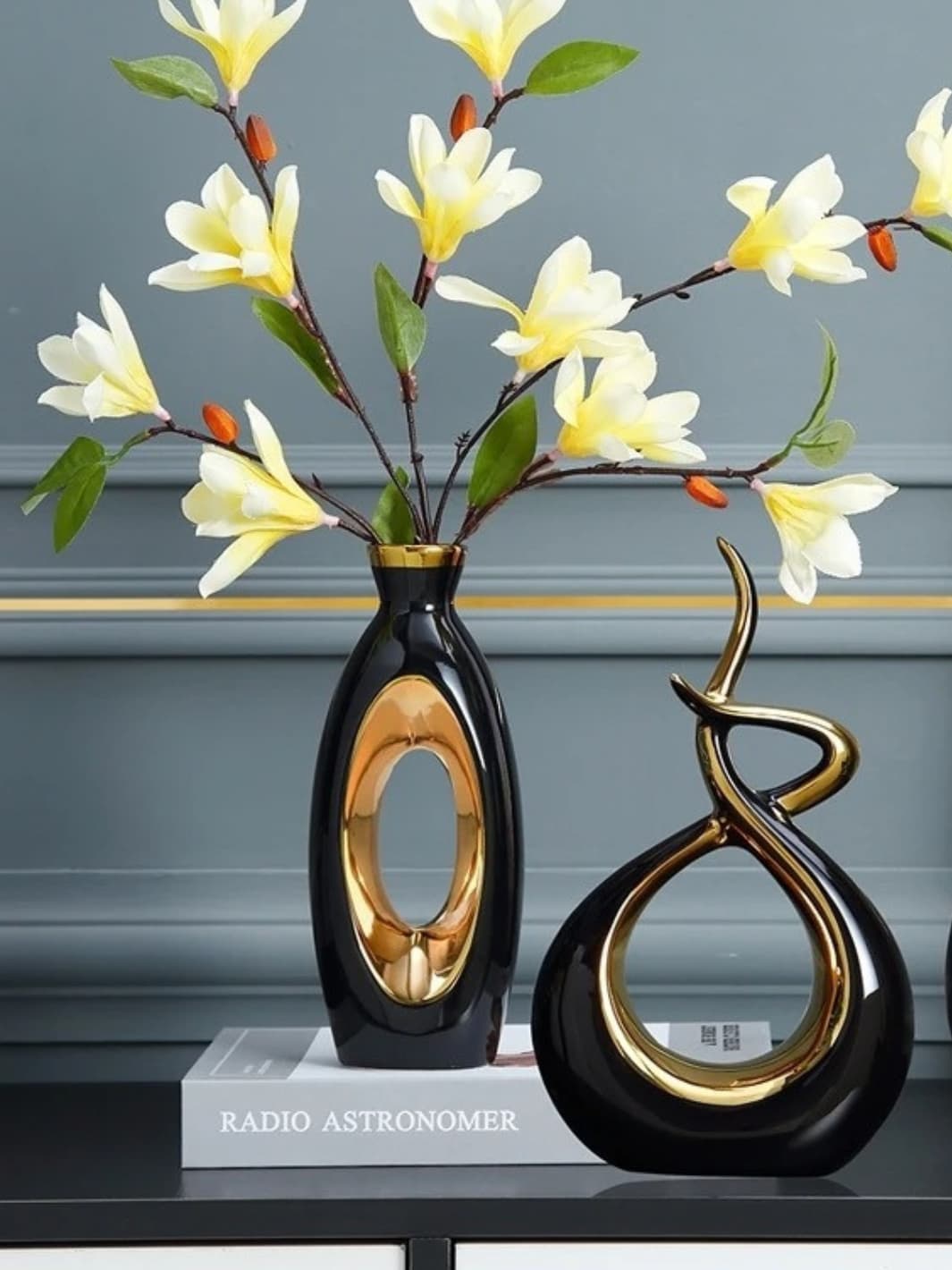 Vase | Élégance noire à insert doré sans support
