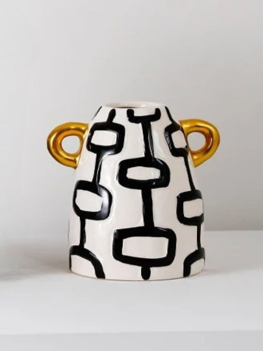Vase | Motifs noirs géométriques et anses dorées