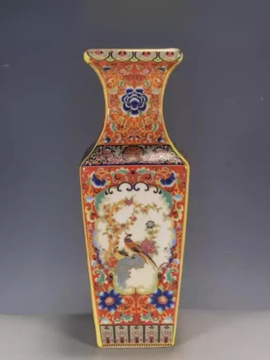 Vase | Pot chinois ancien carré à décor floral et oiseau