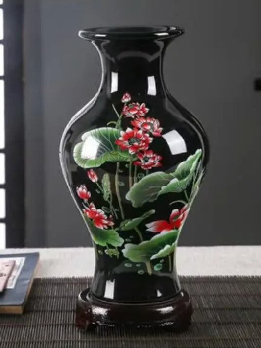 Vase | Long col noir émaillé et fleurs rouges
