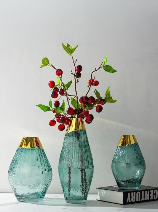 Vase | Pot en verre texturé bleu à col doré