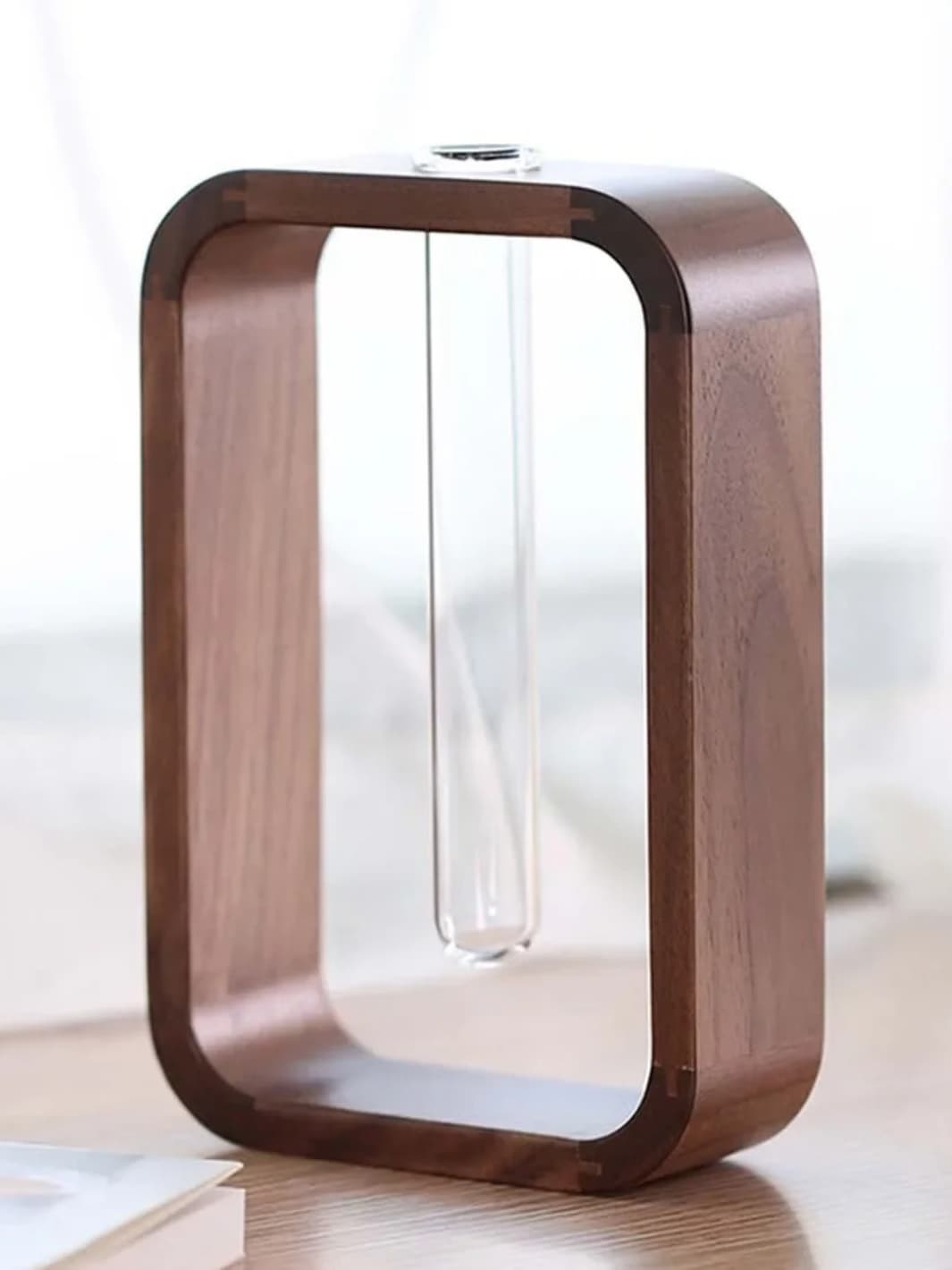 Vase | Tube en verre et cadre bois foncé